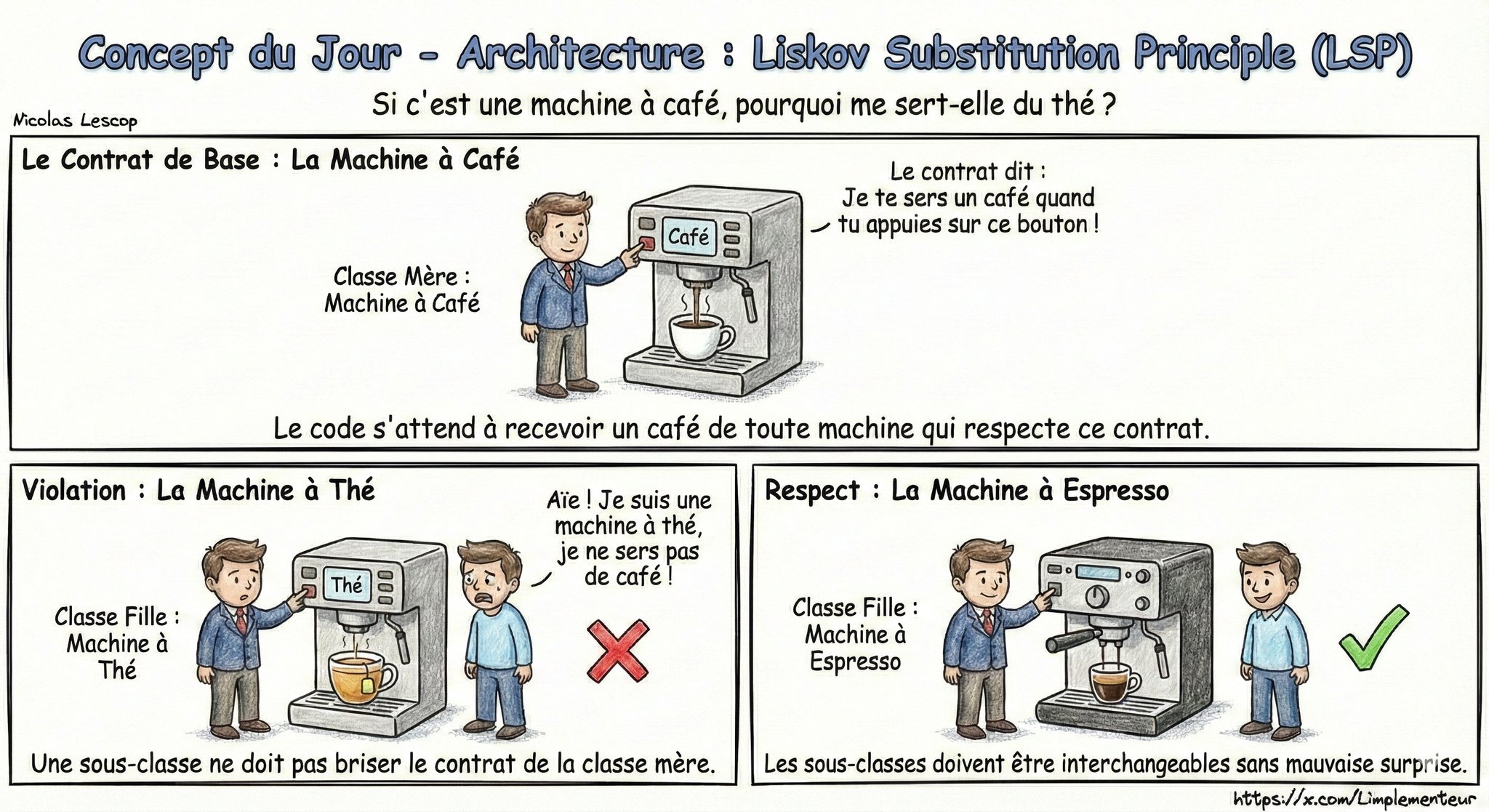 Illustration du principe LSP : une machine à café comme contrat de base, une machine à thé qui viole le contrat, et une machine à espresso qui le respecte