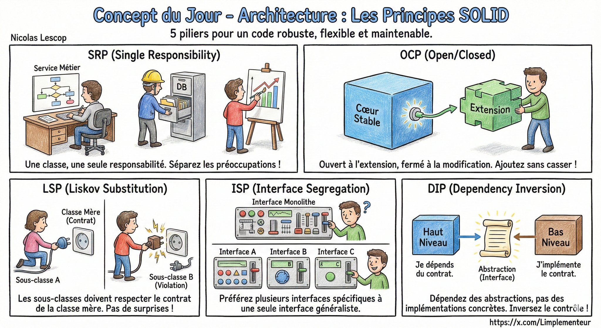 Vue d'ensemble illustrée des 5 principes SOLID : SRP, OCP, LSP, ISP et DIP, chacun représenté par une scène du quotidien