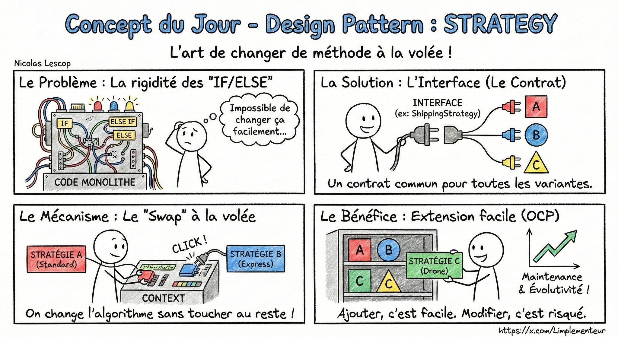Illustration du Design Pattern Strategy : encapsuler des algorithmes interchangeables pour remplacer les chaînes de if/else