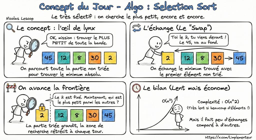 Illustration du tri par sélection : recherche du minimum et placement au début à chaque itération