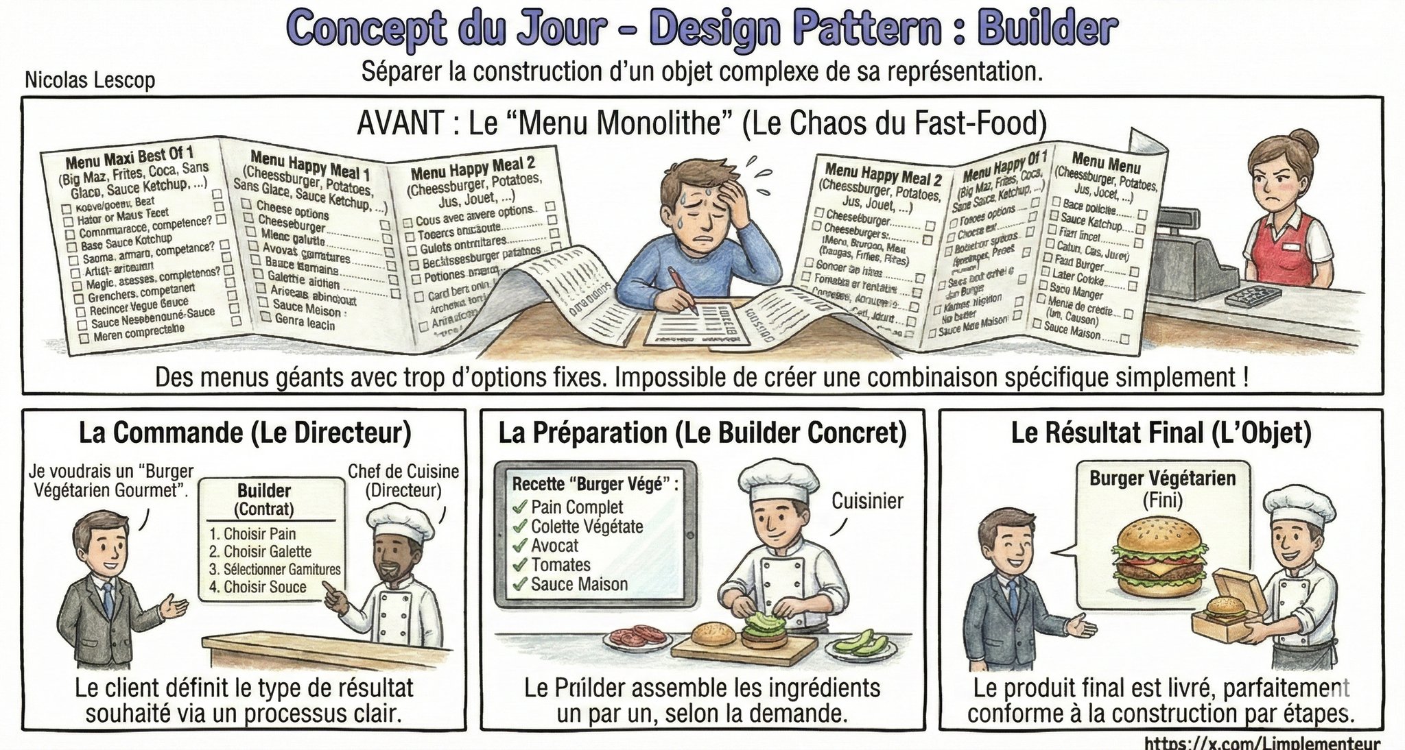 Illustration du Design Pattern Builder : construction étape par étape d'un objet complexe