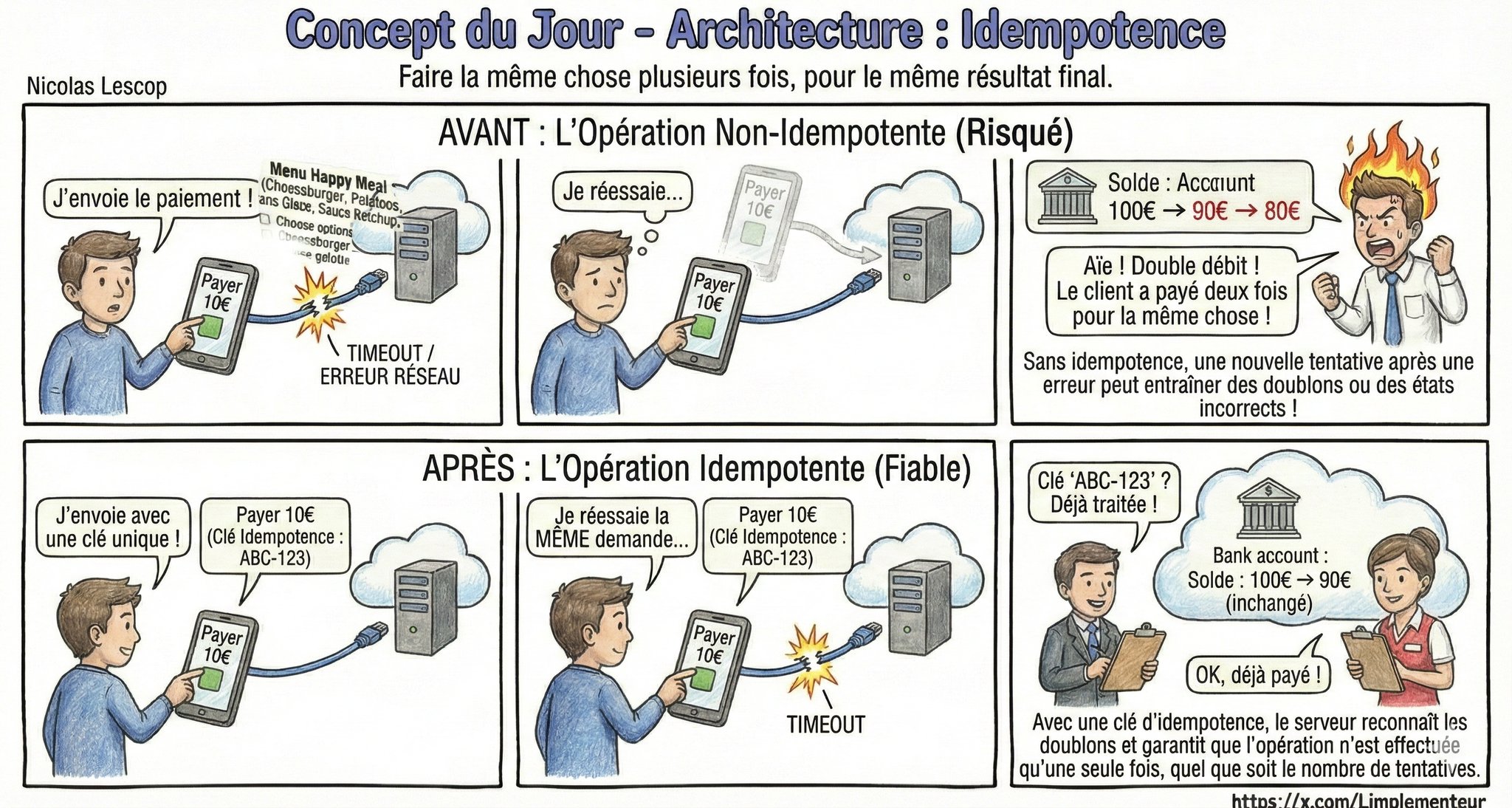 Illustration de l'idempotence : une même opération répétée N fois donne toujours le même résultat