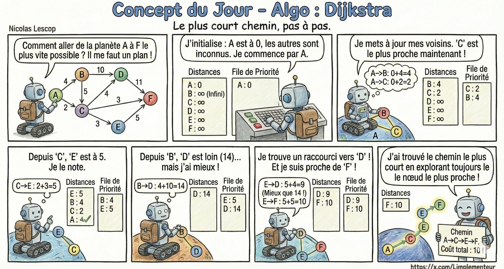Illustration de l'algorithme de Dijkstra : exploration gloutonne d'un graphe pondéré pour trouver le plus court chemin