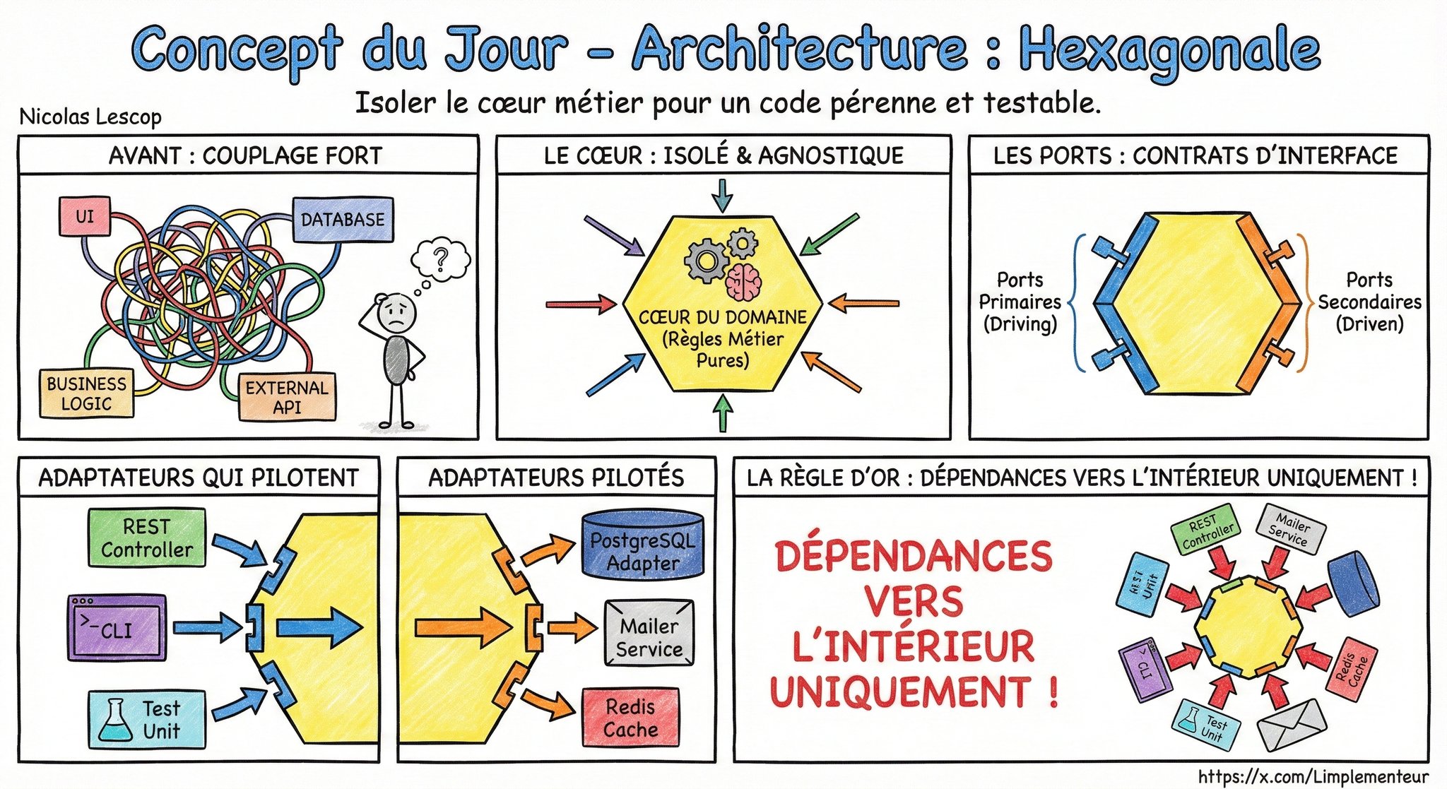 Illustration de l'architecture hexagonale : le domaine métier au centre, protégé par des ports et des adaptateurs