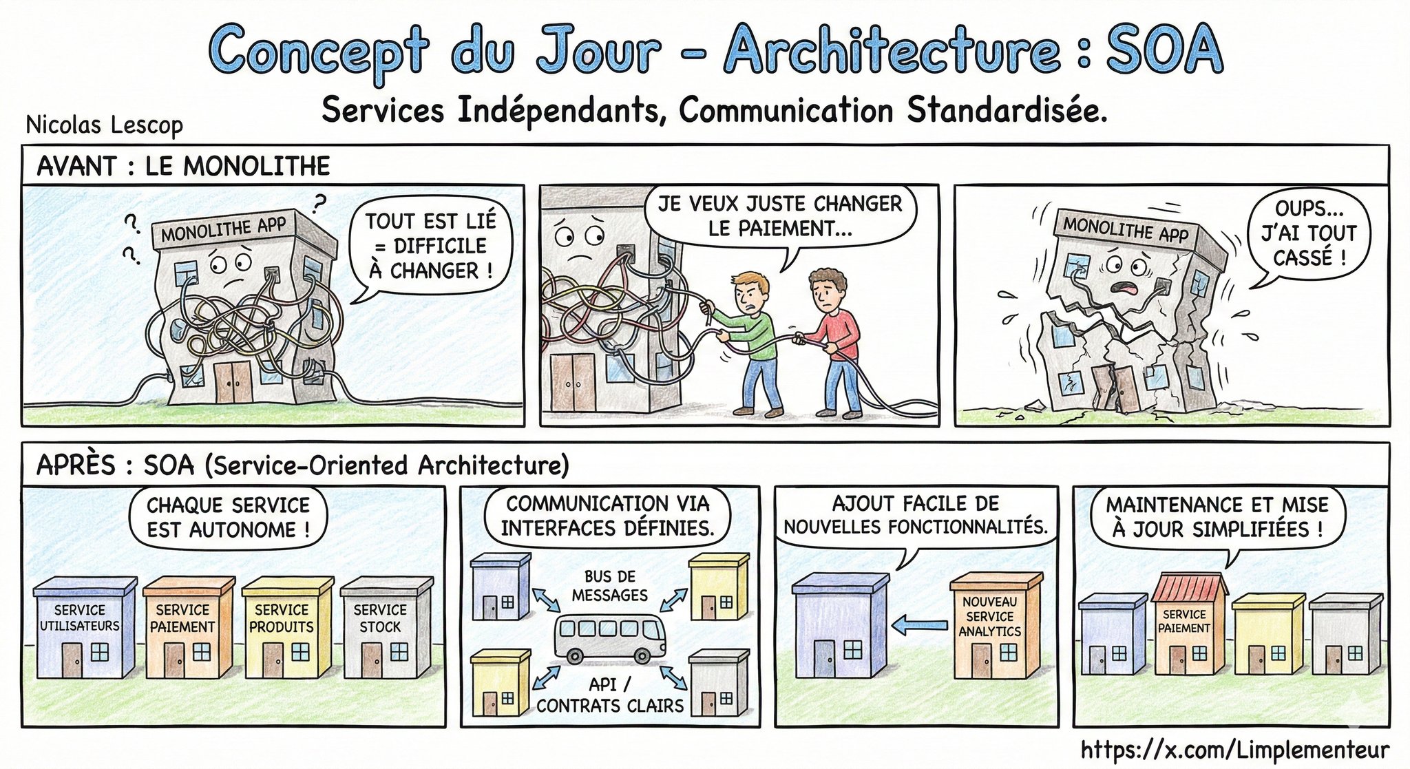Illustration de l'architecture SOA : briques de services indépendantes communiquant via des contrats