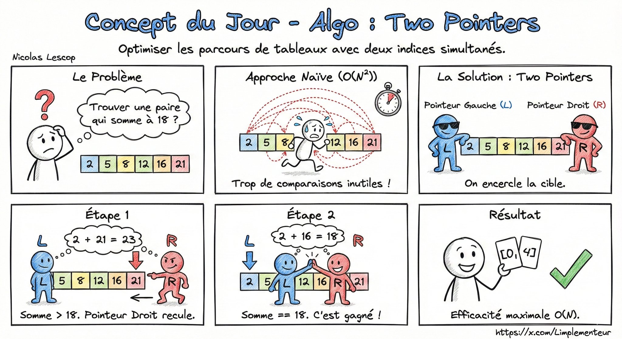 Illustration de la technique Two Pointers : deux indices parcourant un tableau simultanément