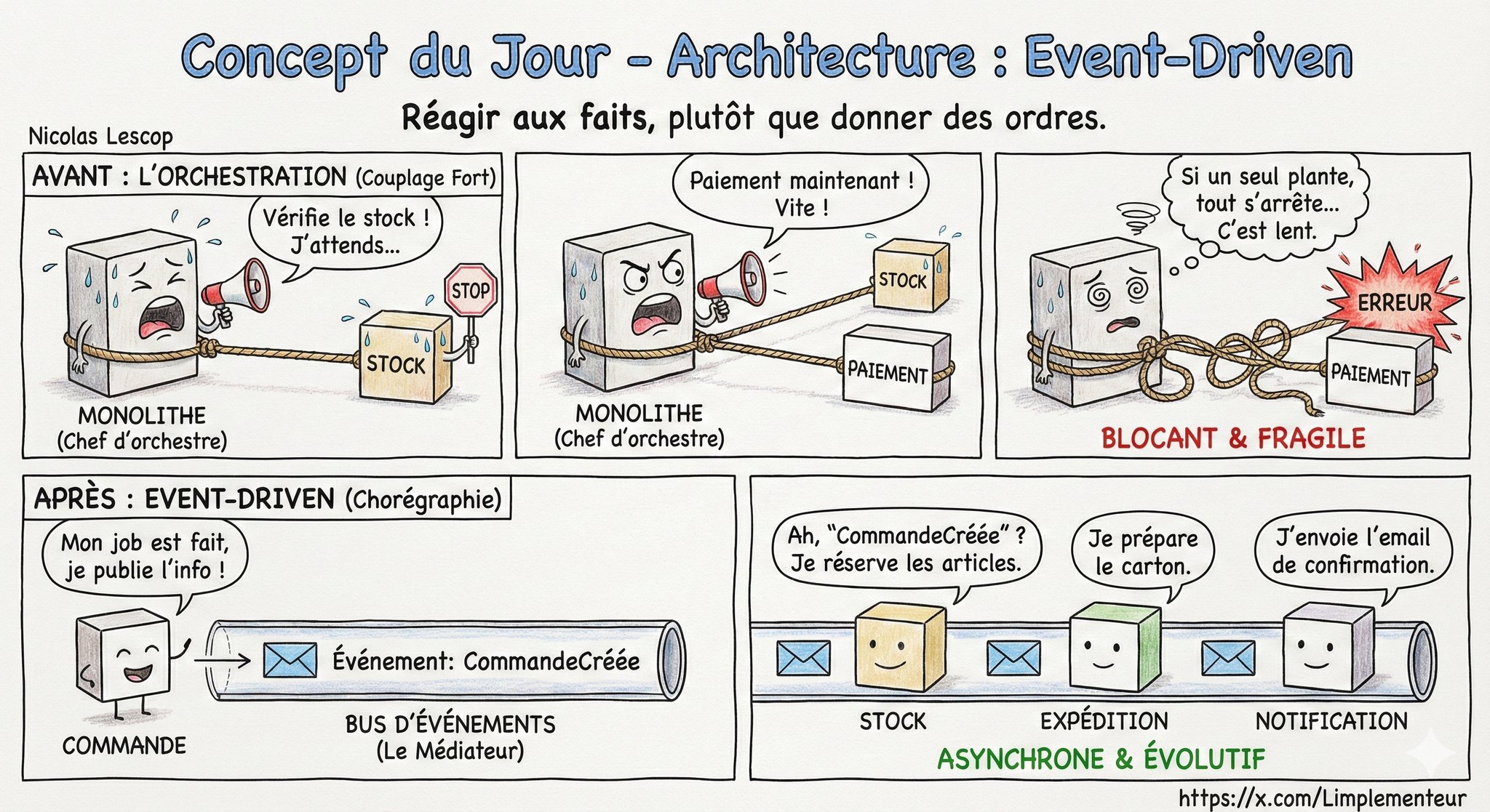 Illustration de l'architecture Event-Driven : producteurs d'événements, broker et consommateurs découplés