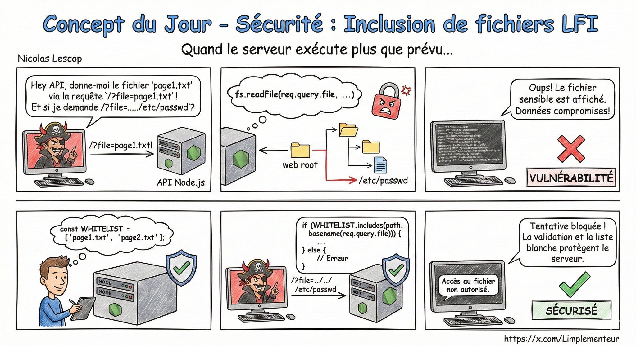 Illustration de la faille LFI : un serveur Node.js piégé par une inclusion de fichier local via une entrée utilisateur non filtrée