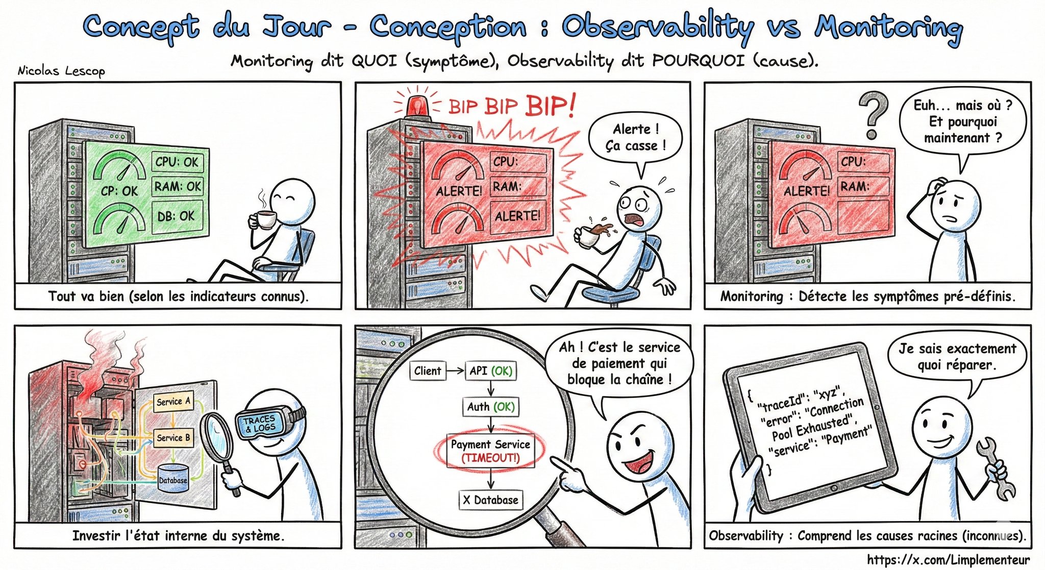 Illustration Observability vs Monitoring : du symptôme à la cause racine