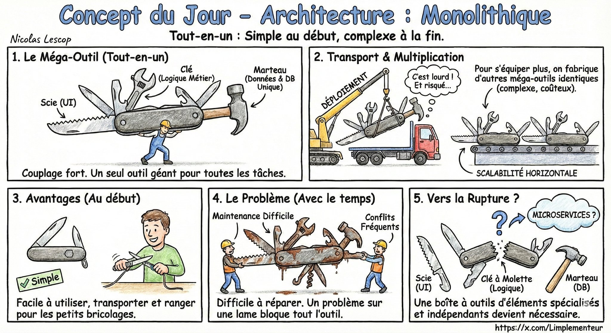 Illustration de l'architecture monolithique : une seule base de code et une seule base de données