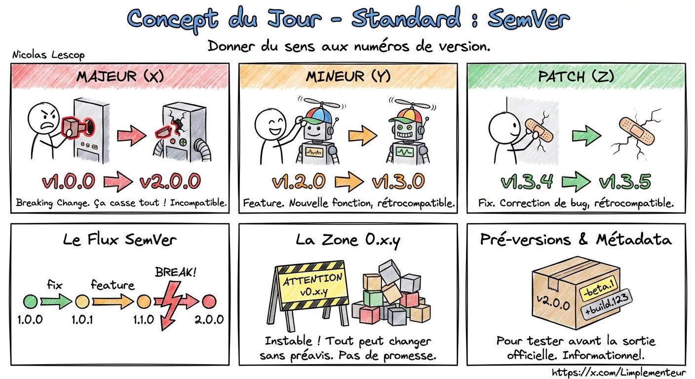 Illustration du Semantic Versioning : MAJOR.MINOR.PATCH et son impact sur les dépendances