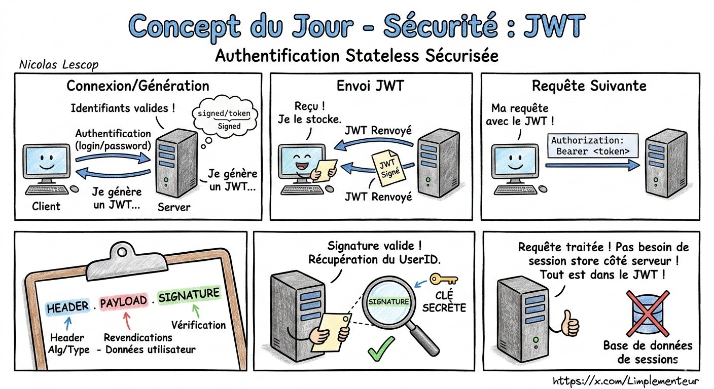 Illustration du JWT : structure Header.Payload.Signature et authentification stateless