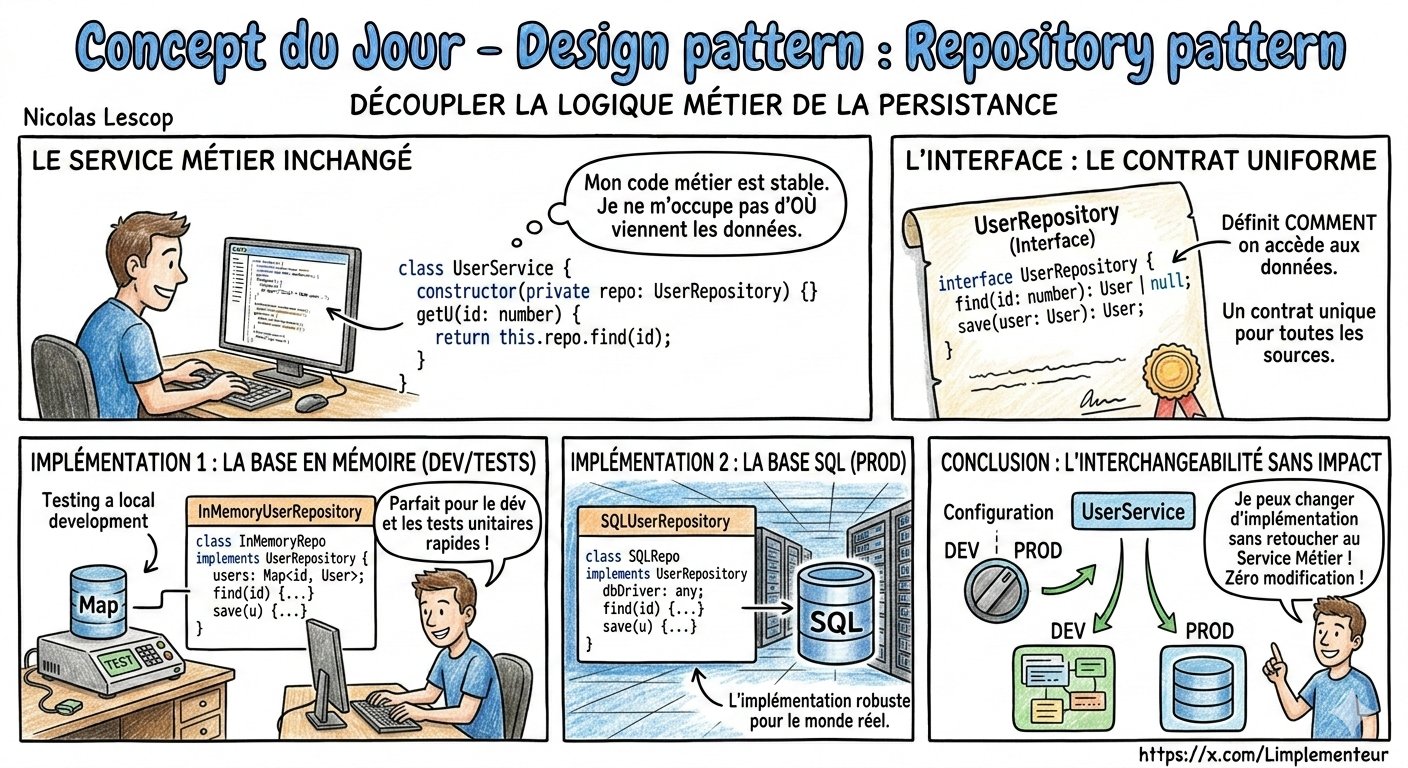 Illustration du pattern Repository : une interface propre entre la logique métier et l'accès aux données