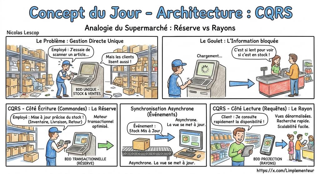 Illustration CQRS : séparation des responsabilités lecture et écriture, analogie du supermarché