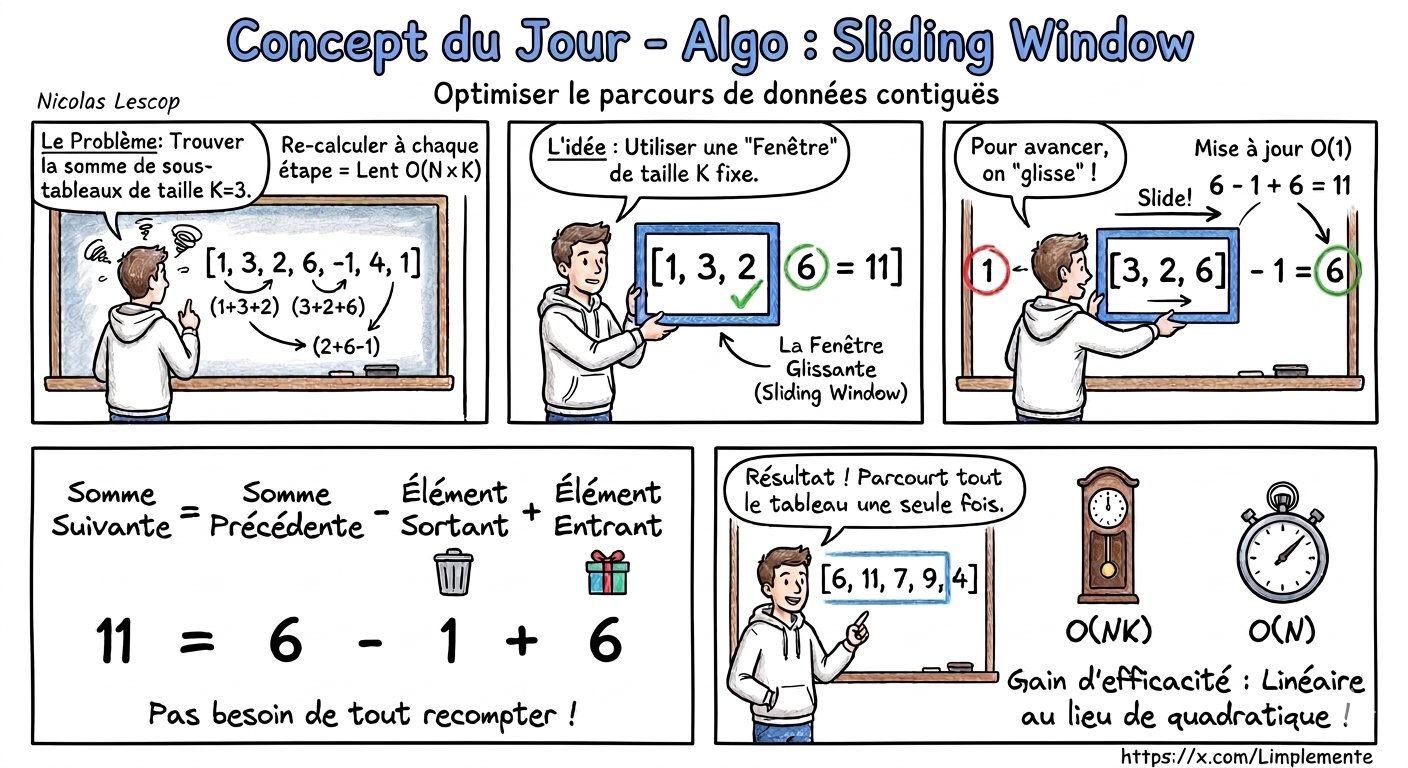 Illustration de la technique Sliding Window : fenêtre glissante sur un tableau pour optimiser les calculs
