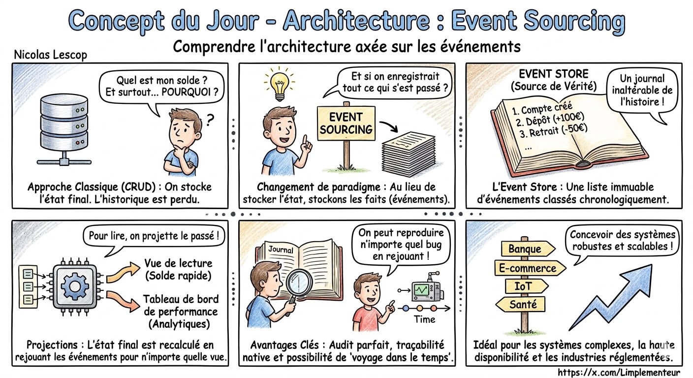 Illustration de l'Event Sourcing : stocker les événements plutôt que l'état final