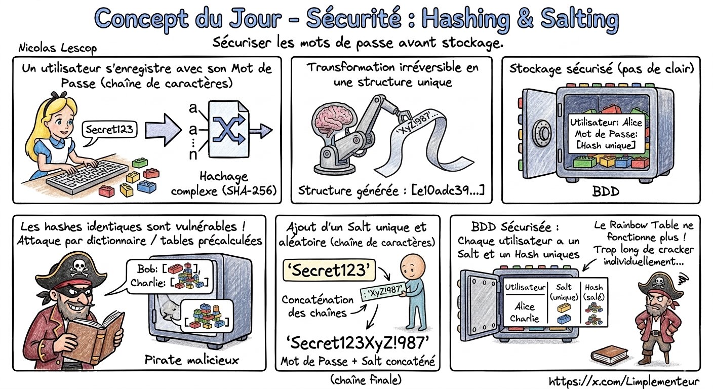 Illustration du Hashing & Salting : sécuriser les mots de passe avant de les stocker
