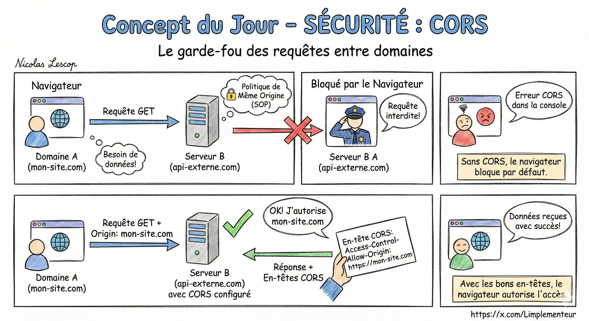 Illustration du mécanisme CORS : le navigateur vérifie les autorisations avant de partager les données entre origines