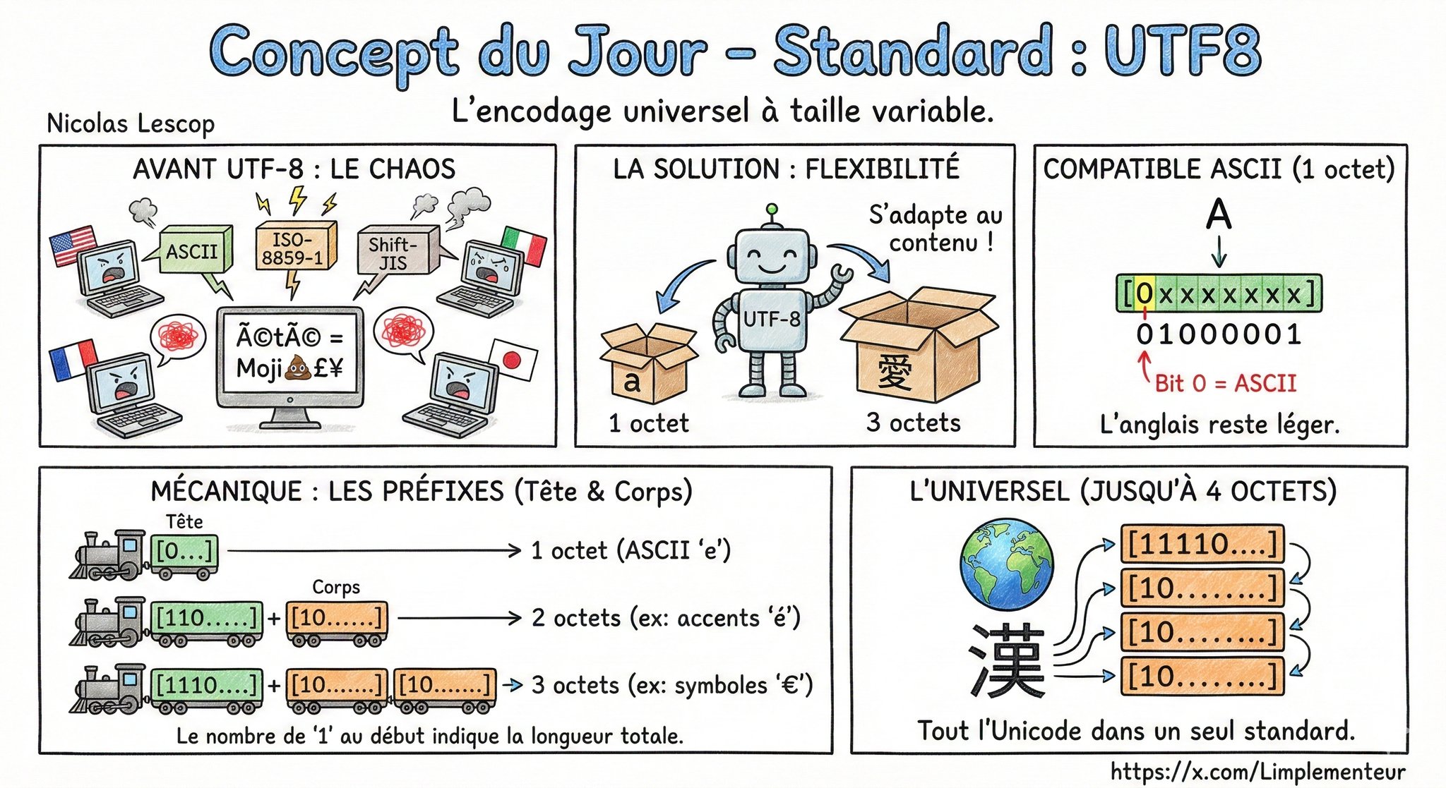 Illustration d'UTF-8 : un encodage universel rétrocompatible avec ASCII
